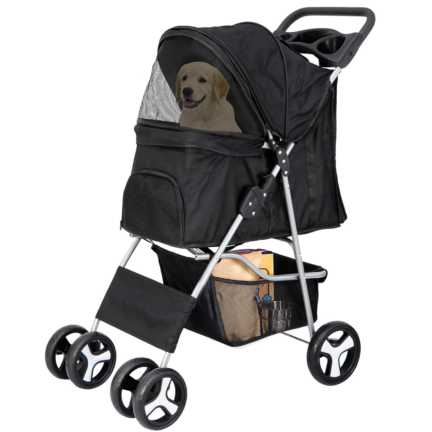 4 Wheels Pet Stroller Dog Cat Stroller for Small Medium Dog Cats Foldable Carrier Jogger Travel Puppy Stroller with Storage Basket and Cup Holder (Black)