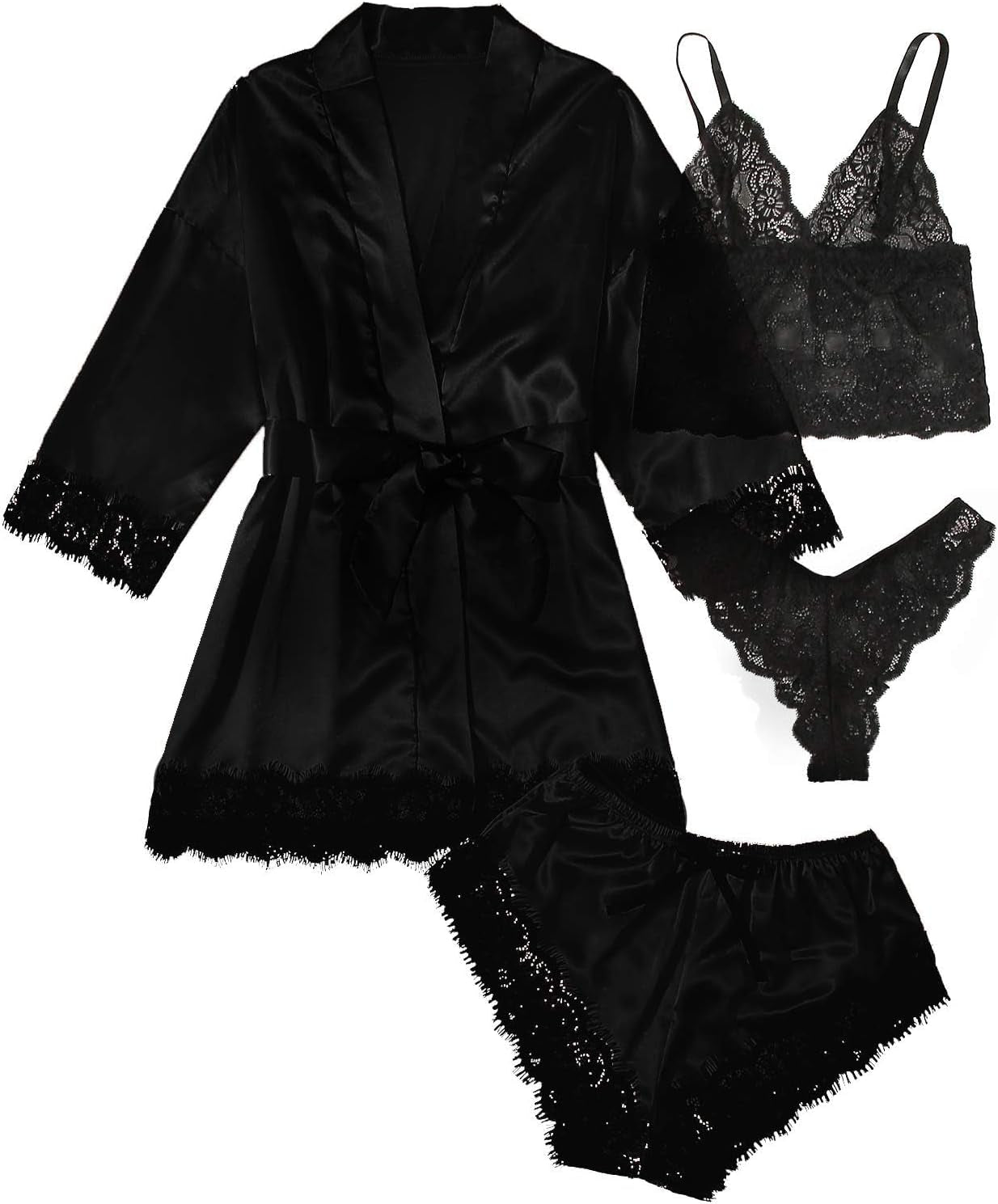 SOLY HUX Women'S Satin Pajama Set 4Pcs Floral Lace Trim Cami Lingerie Sleepwear with Robe