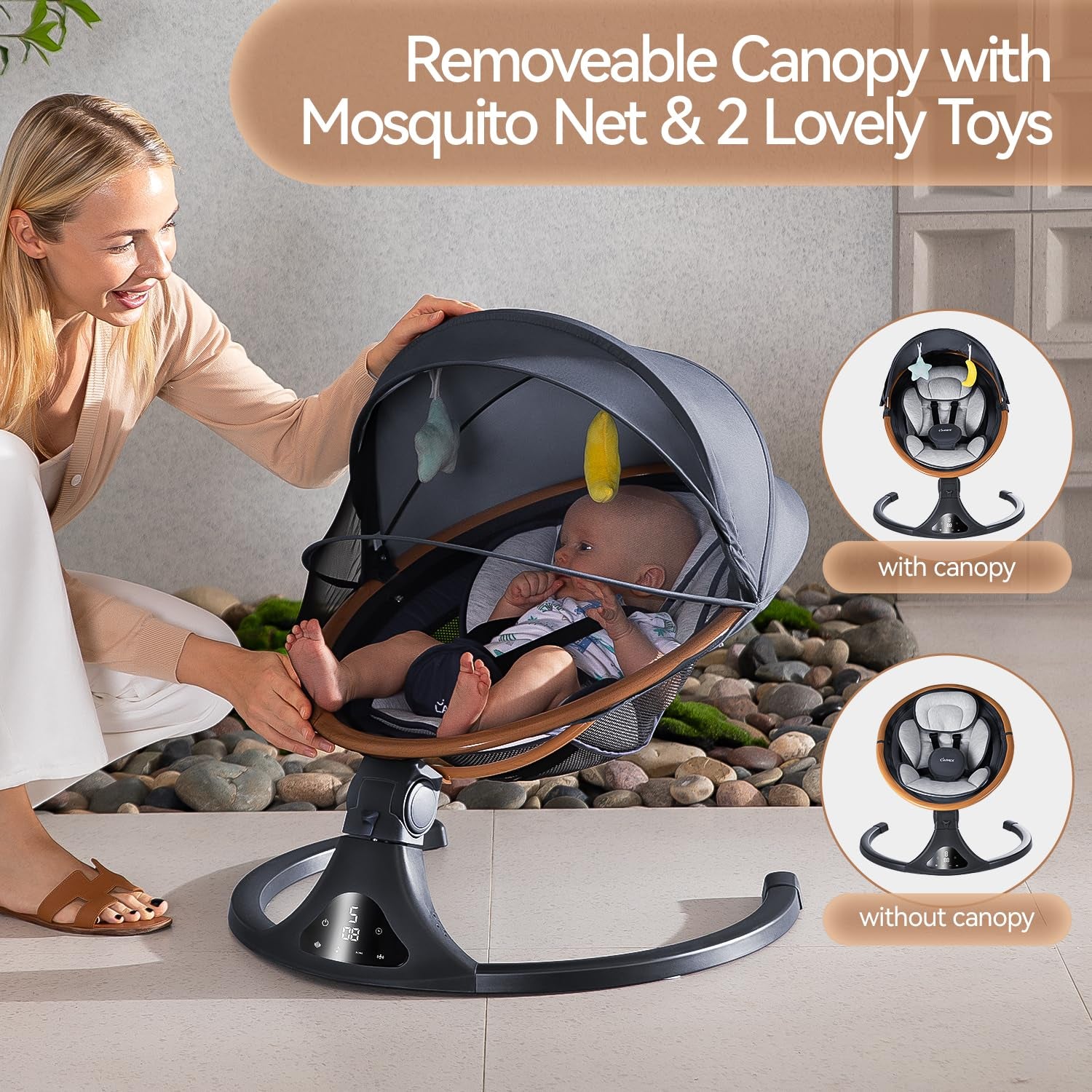 LAREX Baby Swings for Infants to Toddler-Electric Bluetooth Infant Swing with Remote Control, Rocker with 5 Speeds, 5-Point Harness,3 Seat Positions (Gray)