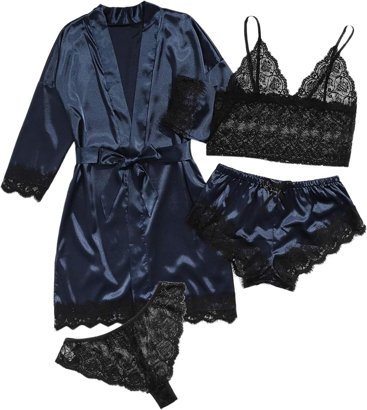 SOLY HUX Women'S Satin Pajama Set 4Pcs Floral Lace Trim Cami Lingerie Sleepwear with Robe