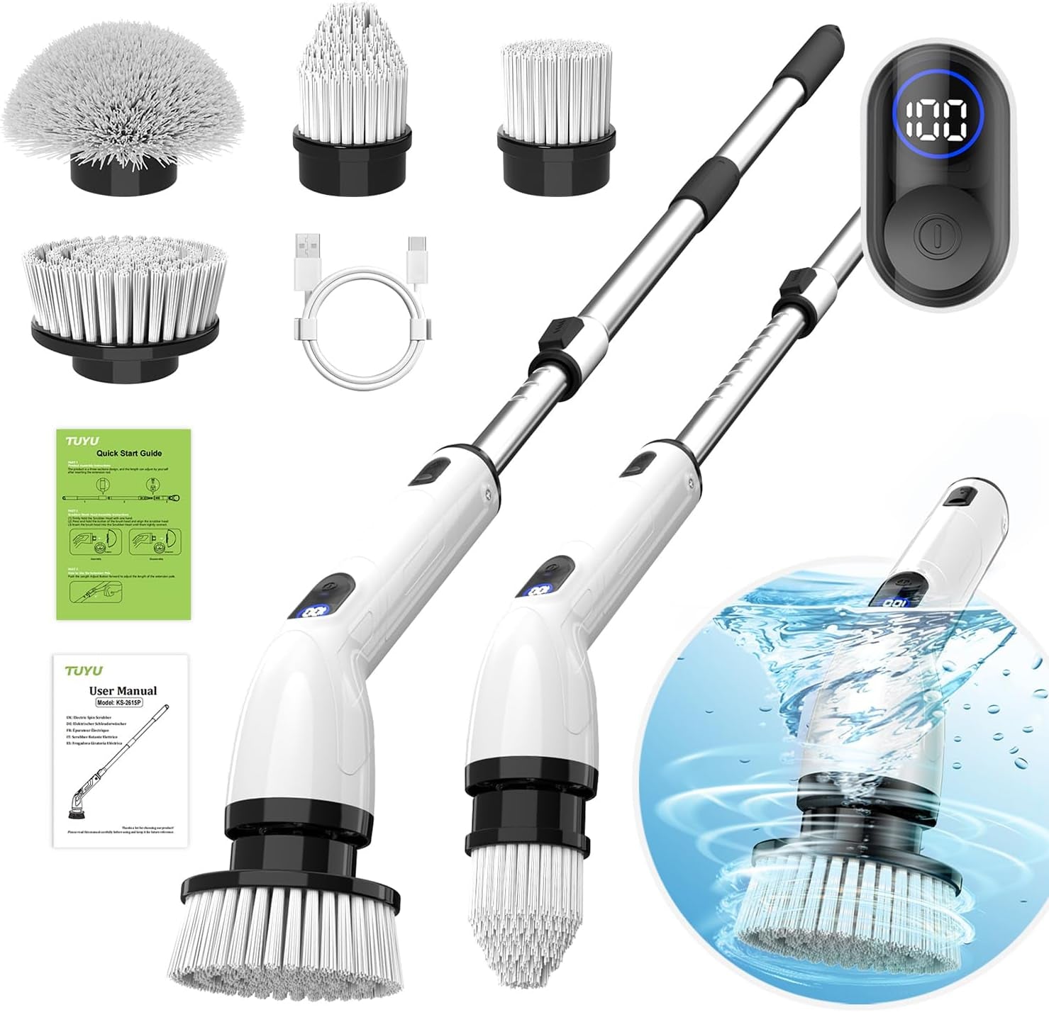 TUYU Electric Spin Scrubber, 2024 New Full-Body IPX7 Waterproof Bathroom Scrubber with Power LCD Display, Adjustable Extension Handle, Cordless Electric Cleaning Brush for Bathroom, Kitchen Cleaning