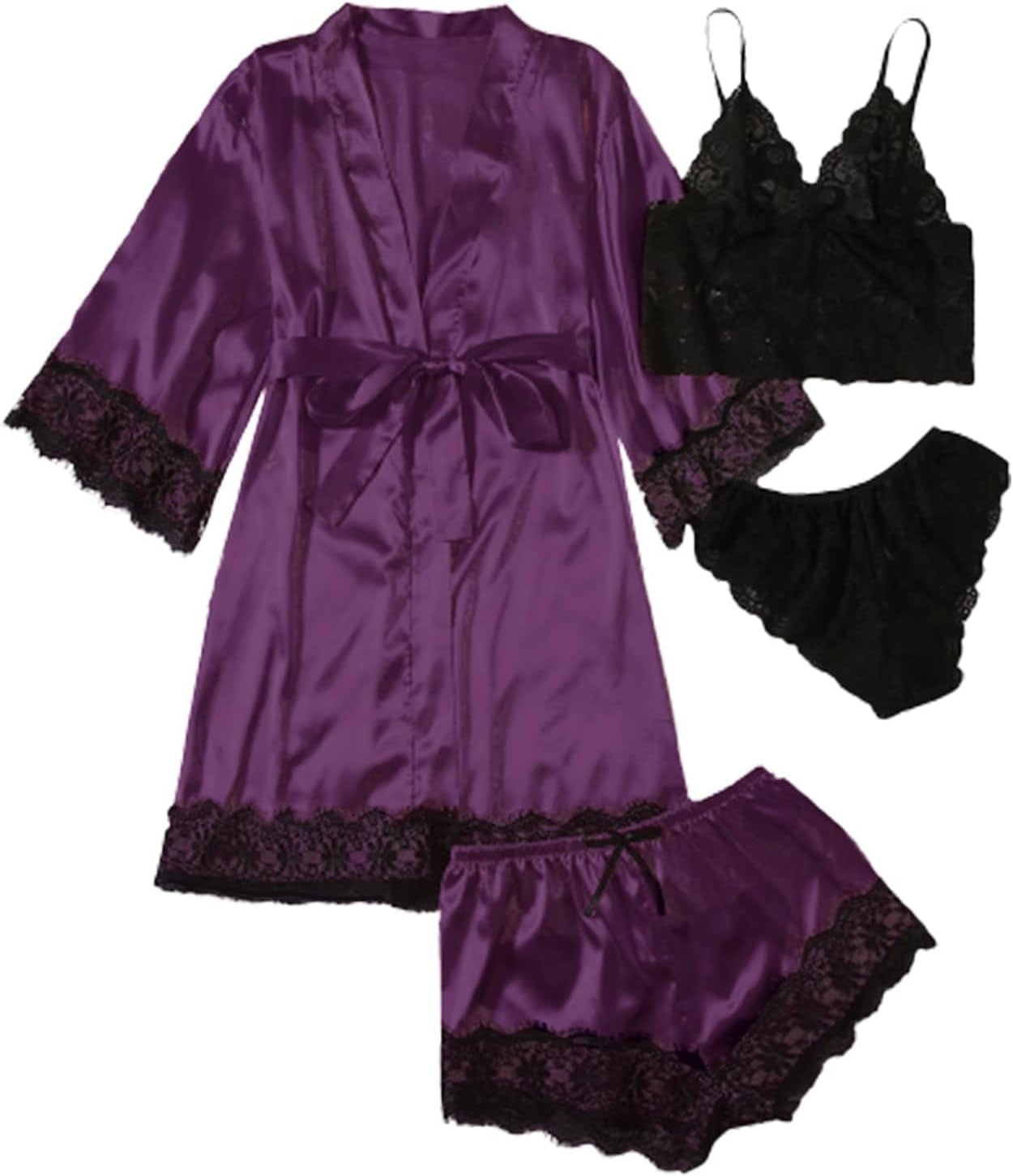 SOLY HUX Women'S Satin Pajama Set 4Pcs Floral Lace Trim Cami Lingerie Sleepwear with Robe