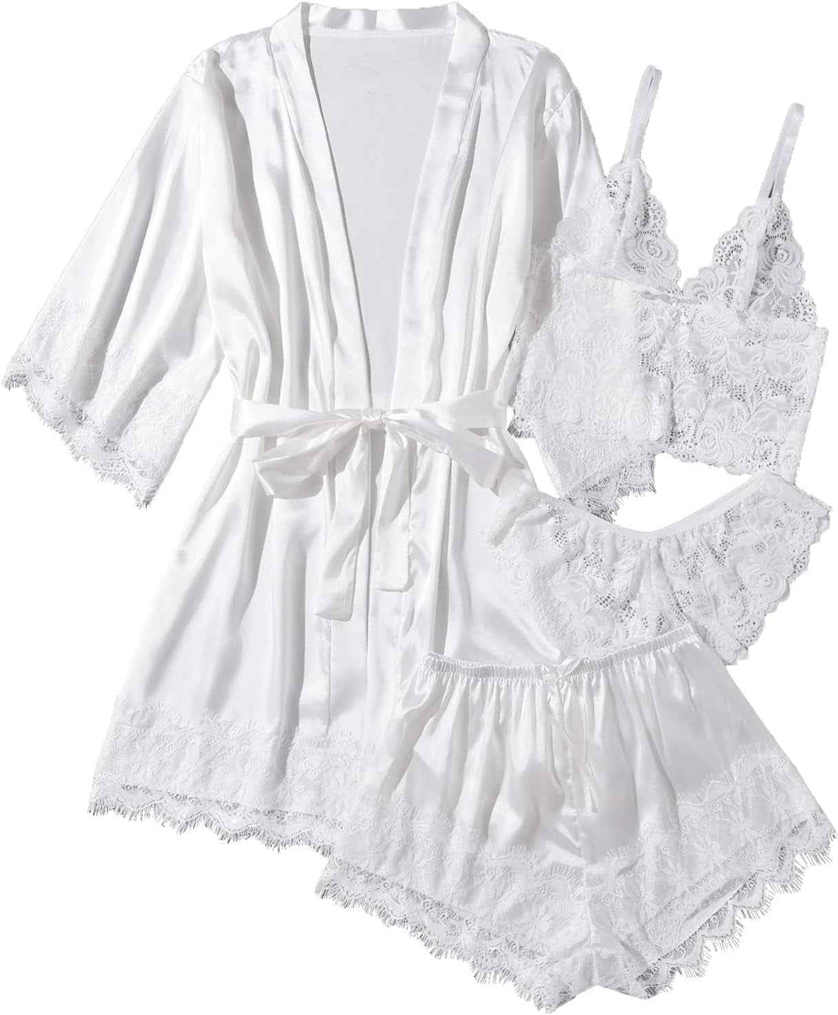 SOLY HUX Women'S Satin Pajama Set 4Pcs Floral Lace Trim Cami Lingerie Sleepwear with Robe