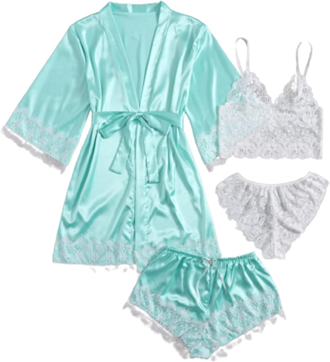 SOLY HUX Women'S Satin Pajama Set 4Pcs Floral Lace Trim Cami Lingerie Sleepwear with Robe