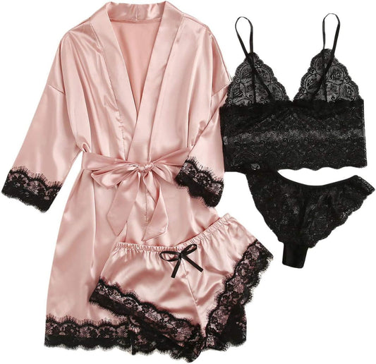 SOLY HUX Women'S Satin Pajama Set 4Pcs Floral Lace Trim Cami Lingerie Sleepwear with Robe