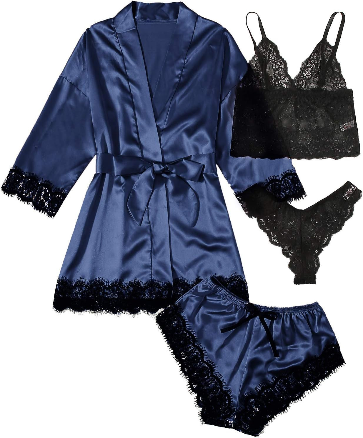 SOLY HUX Women'S Satin Pajama Set 4Pcs Floral Lace Trim Cami Lingerie Sleepwear with Robe