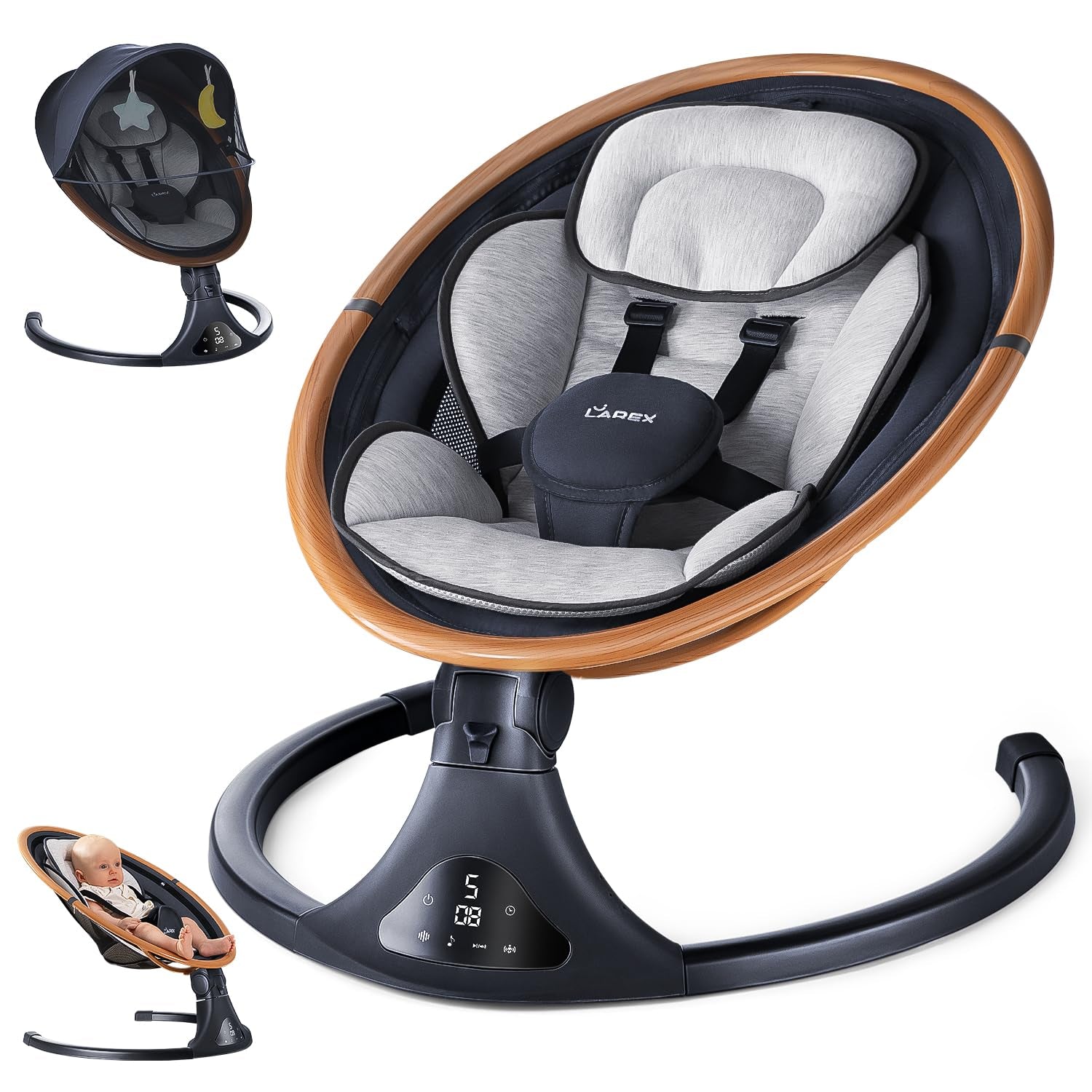 LAREX Baby Swings for Infants to Toddler-Electric Bluetooth Infant Swing with Remote Control, Rocker with 5 Speeds, 5-Point Harness,3 Seat Positions (Gray)