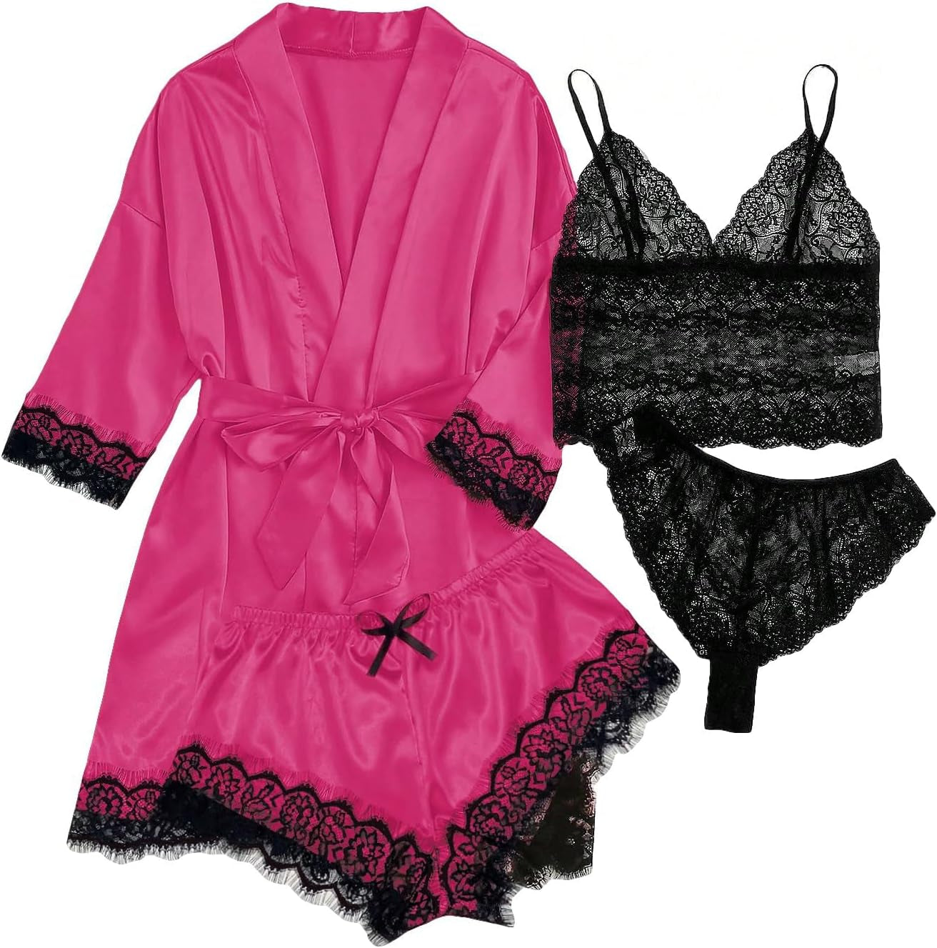 SOLY HUX Women'S Satin Pajama Set 4Pcs Floral Lace Trim Cami Lingerie Sleepwear with Robe