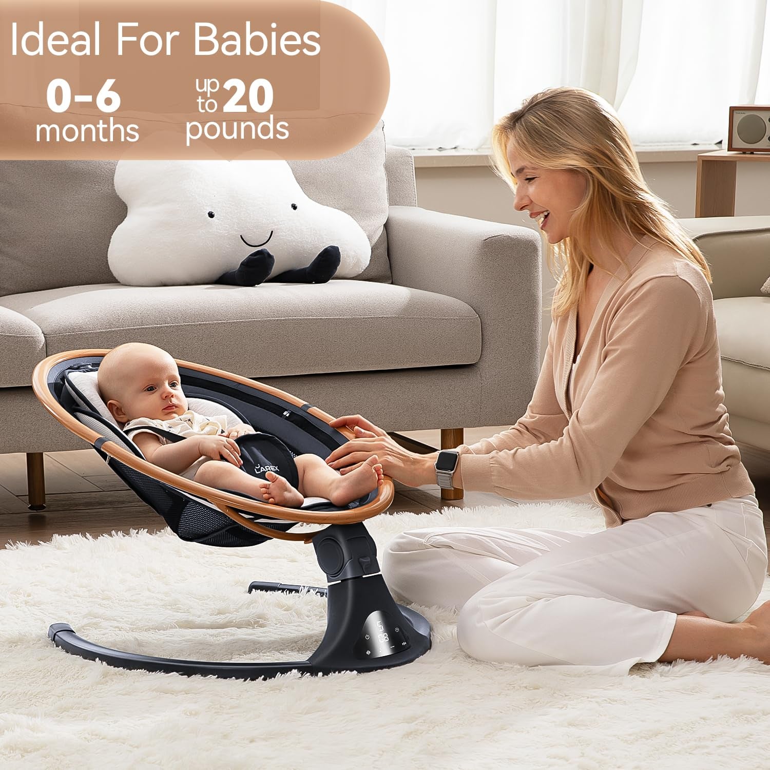 LAREX Baby Swings for Infants to Toddler-Electric Bluetooth Infant Swing with Remote Control, Rocker with 5 Speeds, 5-Point Harness,3 Seat Positions (Gray)