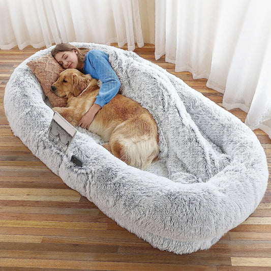 Human Dog Bed, 71"X45"X12" Dog Beds for Humans Size Fits You and Pets, Washable Faux Fur Human Dog Bed for People Doze Off, Napping Orthopedic Dog Bed, Present Plump Pillow, Blanket, Strap - Grey