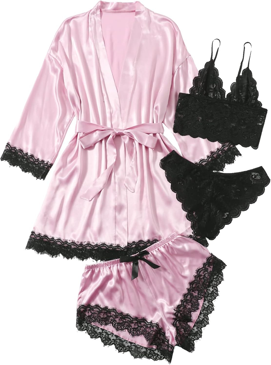 SOLY HUX Women'S Satin Pajama Set 4Pcs Floral Lace Trim Cami Lingerie Sleepwear with Robe