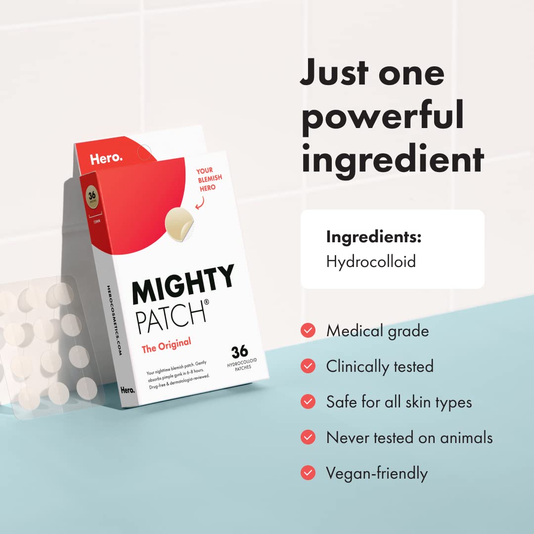 Mighty Patch™ Original Patch from Hero Cosmetics - Hydrocolloid Acne Pimple Patch for Covering Zits and Blemishes in Face and Skin, Vegan-Friendly and Not Tested on Animals (36 Count)