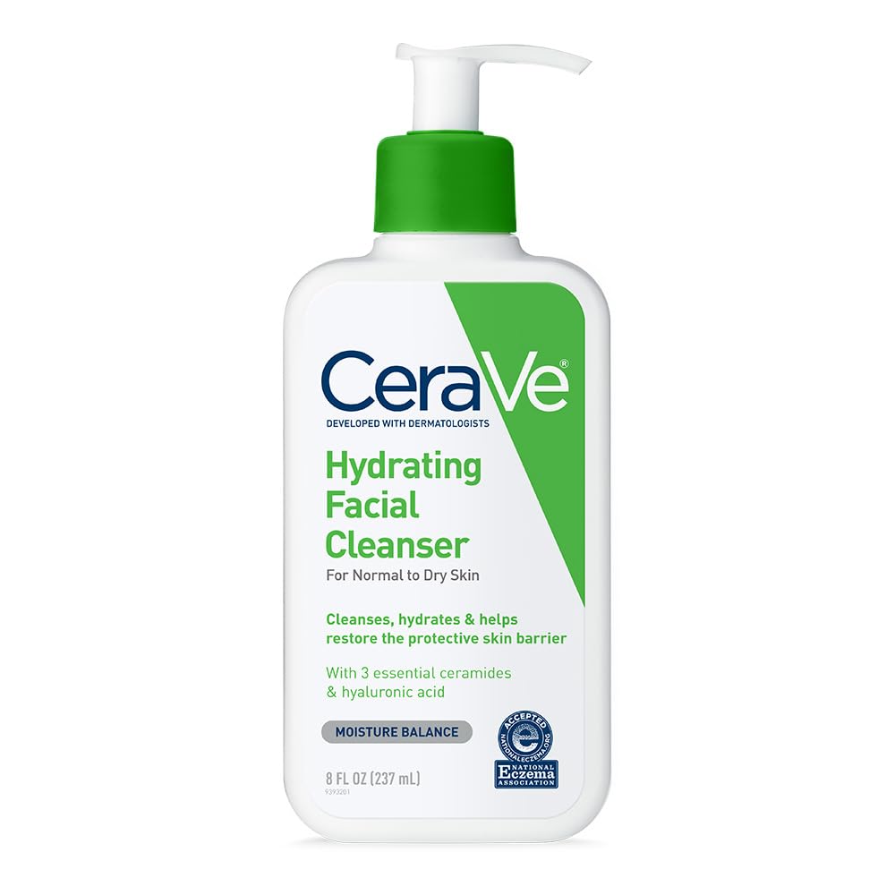 Cerave Hydrating Facial Cleanser | Moisturizing Face Wash for Dry Skin | Hyaluronic Acid + Ceramides + Glycerin | Hydrating Cleanser for Normal to Dry Skin | National Eczema Association Certified