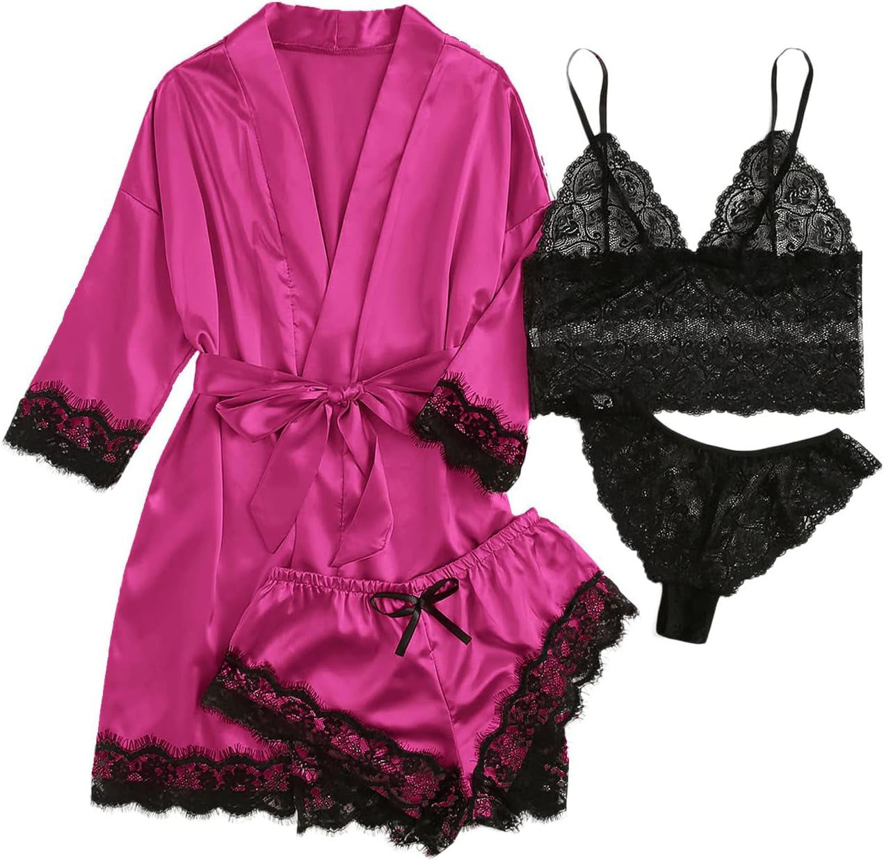 SOLY HUX Women'S Satin Pajama Set 4Pcs Floral Lace Trim Cami Lingerie Sleepwear with Robe