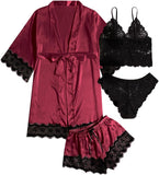 SOLY HUX Women'S Satin Pajama Set 4Pcs Floral Lace Trim Cami Lingerie Sleepwear with Robe