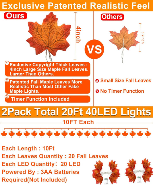 TURNMEON 2 Pack Thanksgiving Decorations Enlarged Maples Leafed Fall Decorations for Home Fall Lights Thick Leafs Garlands, Total 20Ft 40LED Battery Operated Waterproof Halloween Decor Indoor Outdoor