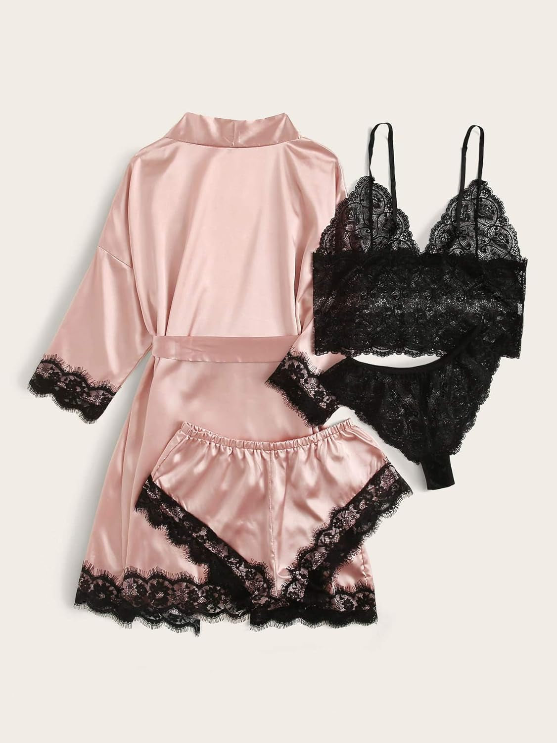 SOLY HUX Women'S Satin Pajama Set 4Pcs Floral Lace Trim Cami Lingerie Sleepwear with Robe