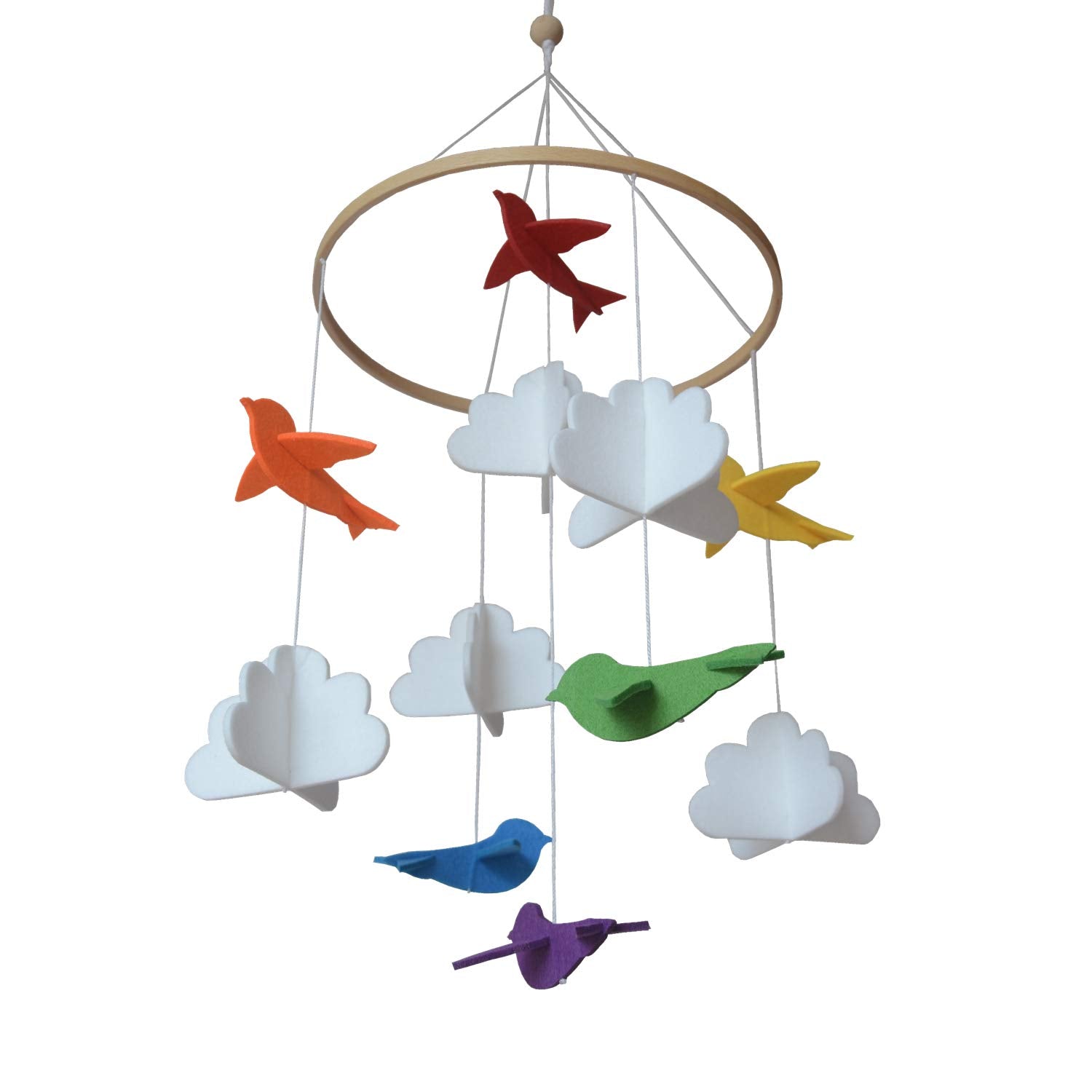 Baby Crib Mobile (Rainbow Birds in the Clouds, W/Garland) - Felt Nursery Ceiling Decoration and Baby Shower for Girls & Boys