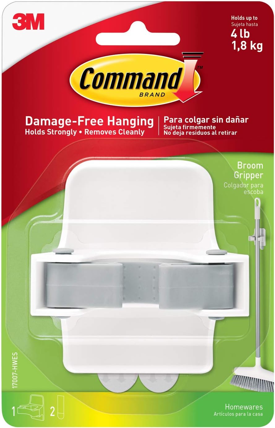 Command Broom and Mop Grippers, 2 Hangers and 4 Command Strips, Damage Free Hanging Wall Mount Broom and Mop Holder, Household Cleaning Organizer for Christmas Decorations, Holds up to 4 Lb