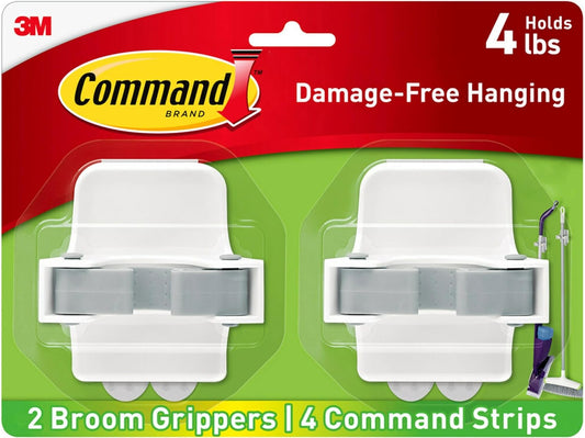 Command Broom and Mop Grippers, 2 Hangers and 4 Command Strips, Damage Free Hanging Wall Mount Broom and Mop Holder, Household Cleaning Organizer for Christmas Decorations, Holds up to 4 Lb