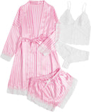 SOLY HUX Women'S Satin Pajama Set 4Pcs Floral Lace Trim Cami Lingerie Sleepwear with Robe