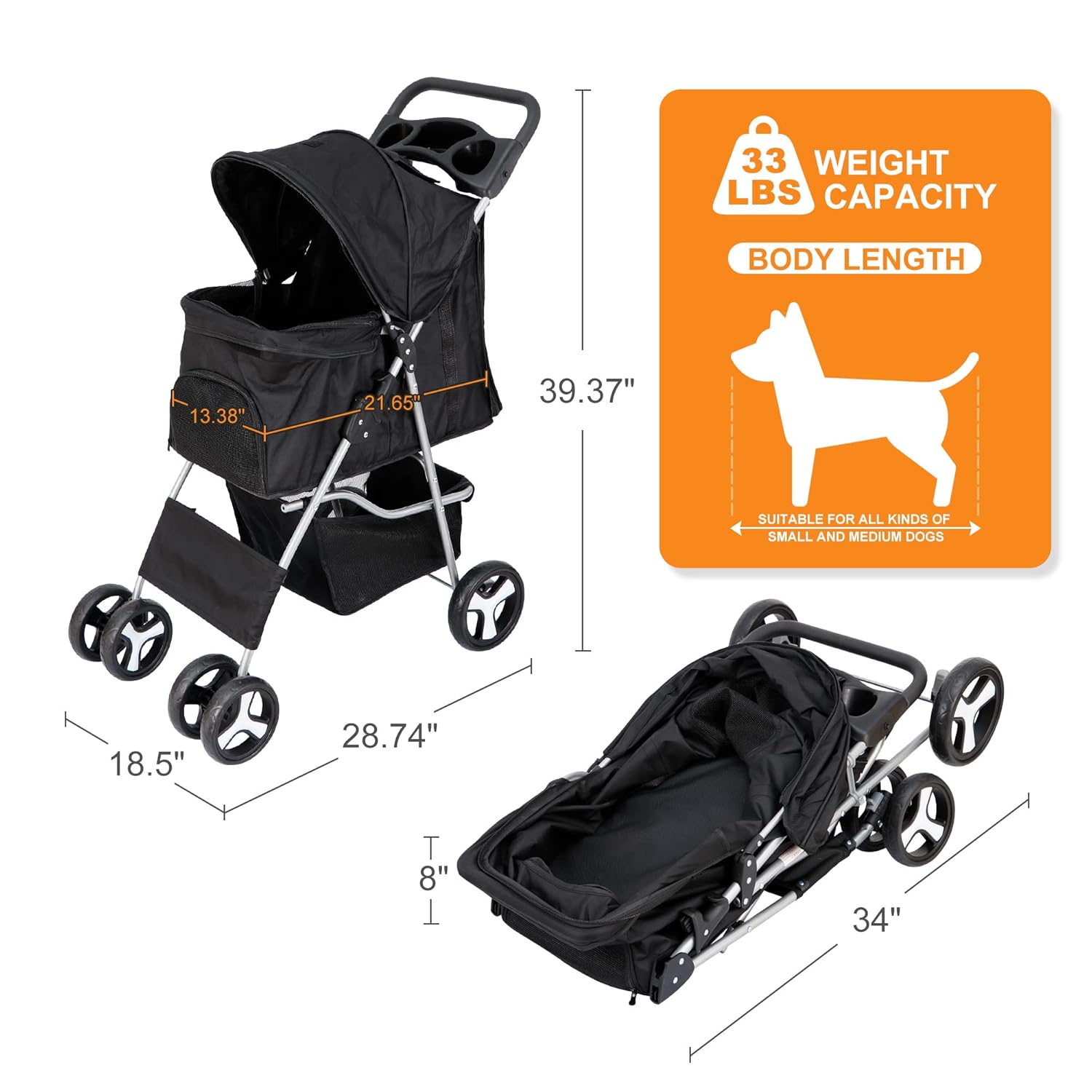 4 Wheels Pet Stroller Dog Cat Stroller for Small Medium Dog Cats Foldable Carrier Jogger Travel Puppy Stroller with Storage Basket and Cup Holder (Black)