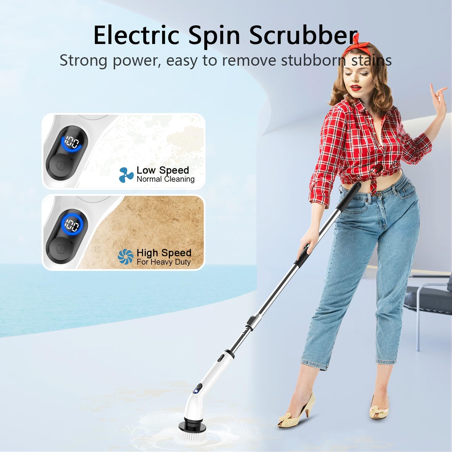 TUYU Electric Spin Scrubber, 2024 New Full-Body IPX7 Waterproof Bathroom Scrubber with Power LCD Display, Adjustable Extension Handle, Cordless Electric Cleaning Brush for Bathroom, Kitchen Cleaning