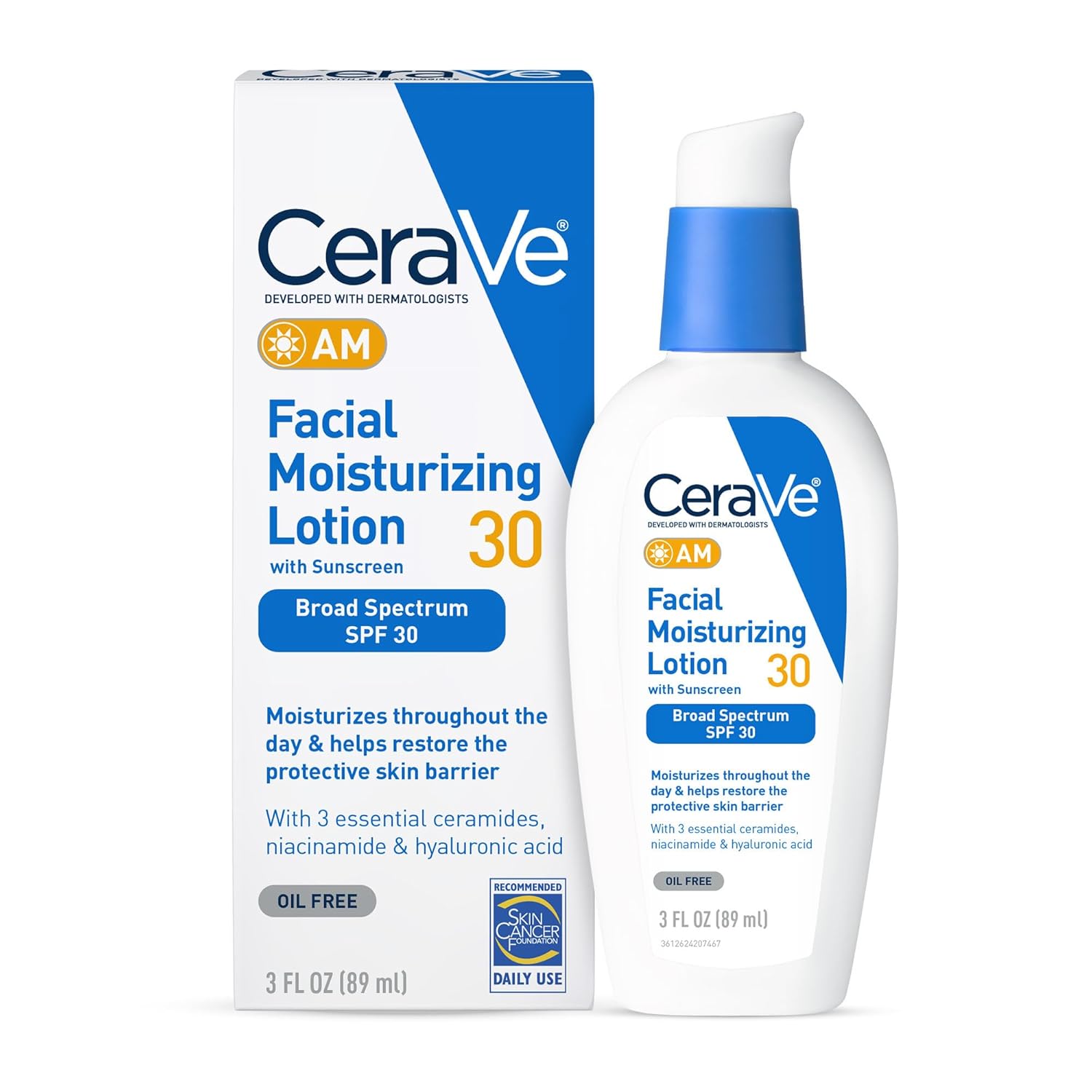 Cerave AM Facial Moisturizing Lotion with SPF 30 | Oil-Free Face Moisturizer with SPF | Formulated with Hyaluronic Acid, Niacinamide & Ceramides | Non-Comedogenic | Broad Spectrum Sunscreen | 3 Ounce