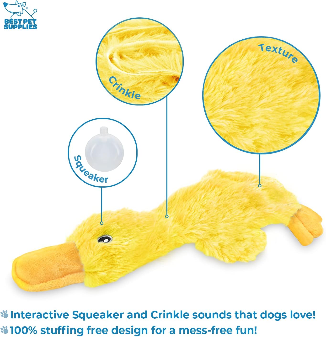 Crinkle Dog Toy for All Breeds - Plush No-Stuffing Duck with Soft Squeaker, Ideal for Indoor Play and Chewing - Yellow