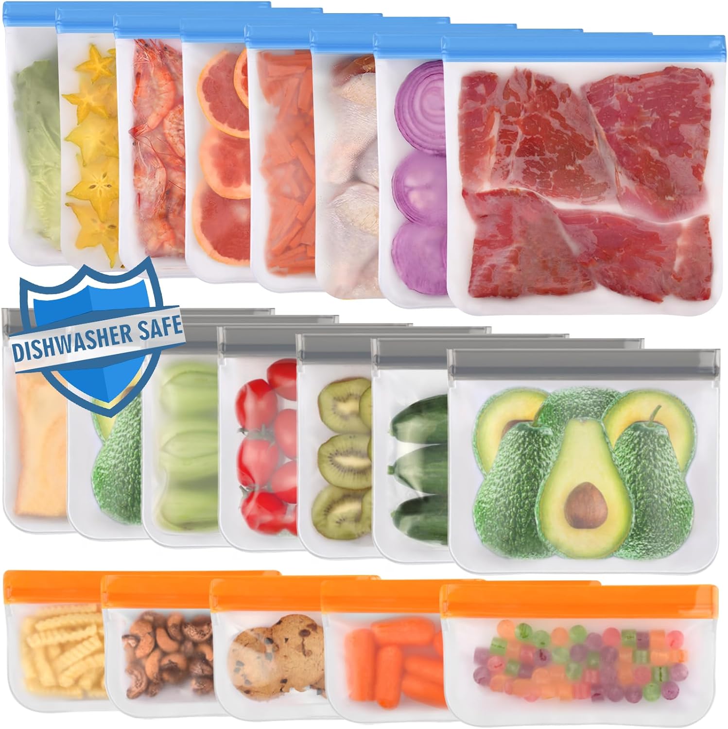 Lerine 10 Pack Dishwasher Safe Reusable Bags Silicone, Leakproof Reusable Freezer Bags, BPA Free Reusable Storage Bags for Lunch Marinate Food Travel - 3 Gallon 4 Sandwich 3 Snack Bags