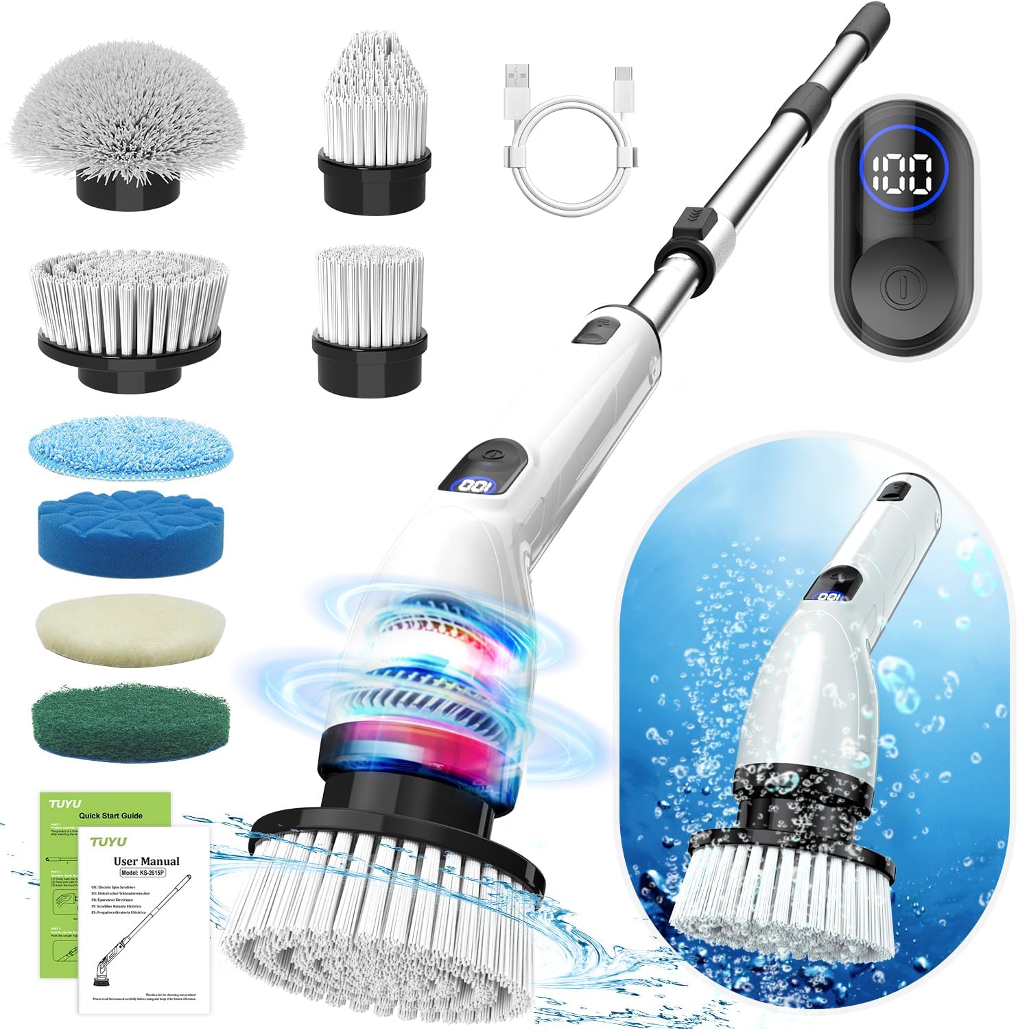 TUYU Electric Spin Scrubber, 2024 New Full-Body IPX7 Waterproof Bathroom Scrubber with Power LCD Display, Adjustable Extension Handle, Cordless Electric Cleaning Brush for Bathroom, Kitchen Cleaning