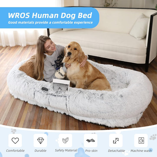 Human Dog Bed, 71"X45"X12" Dog Beds for Humans Size Fits You and Pets, Washable Faux Fur Human Dog Bed for People Doze Off, Napping Orthopedic Dog Bed, Present Plump Pillow, Blanket, Strap - Grey