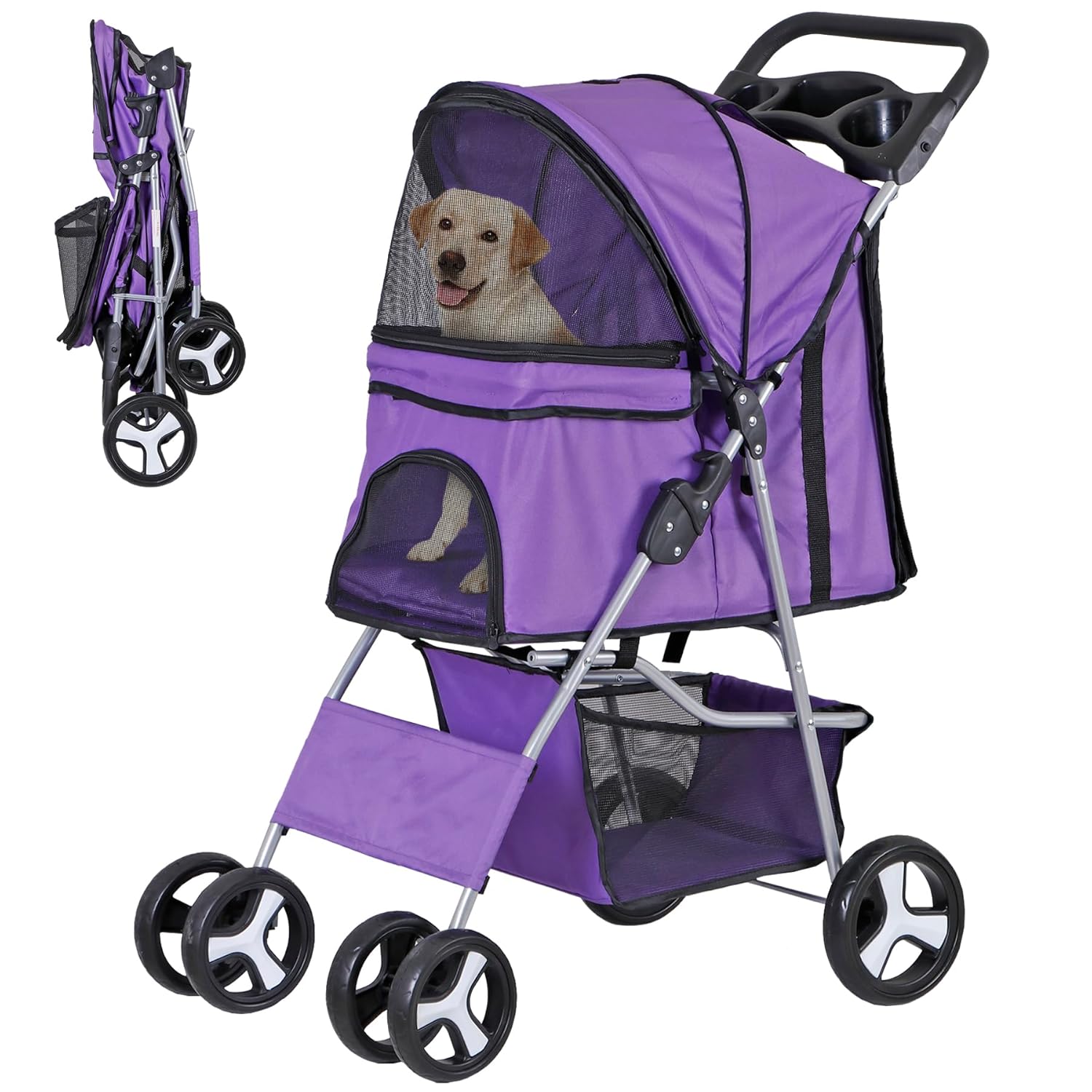 4 Wheels Pet Stroller Dog Cat Stroller for Small Medium Dog Cats Foldable Carrier Jogger Travel Puppy Stroller with Storage Basket and Cup Holder (Black)