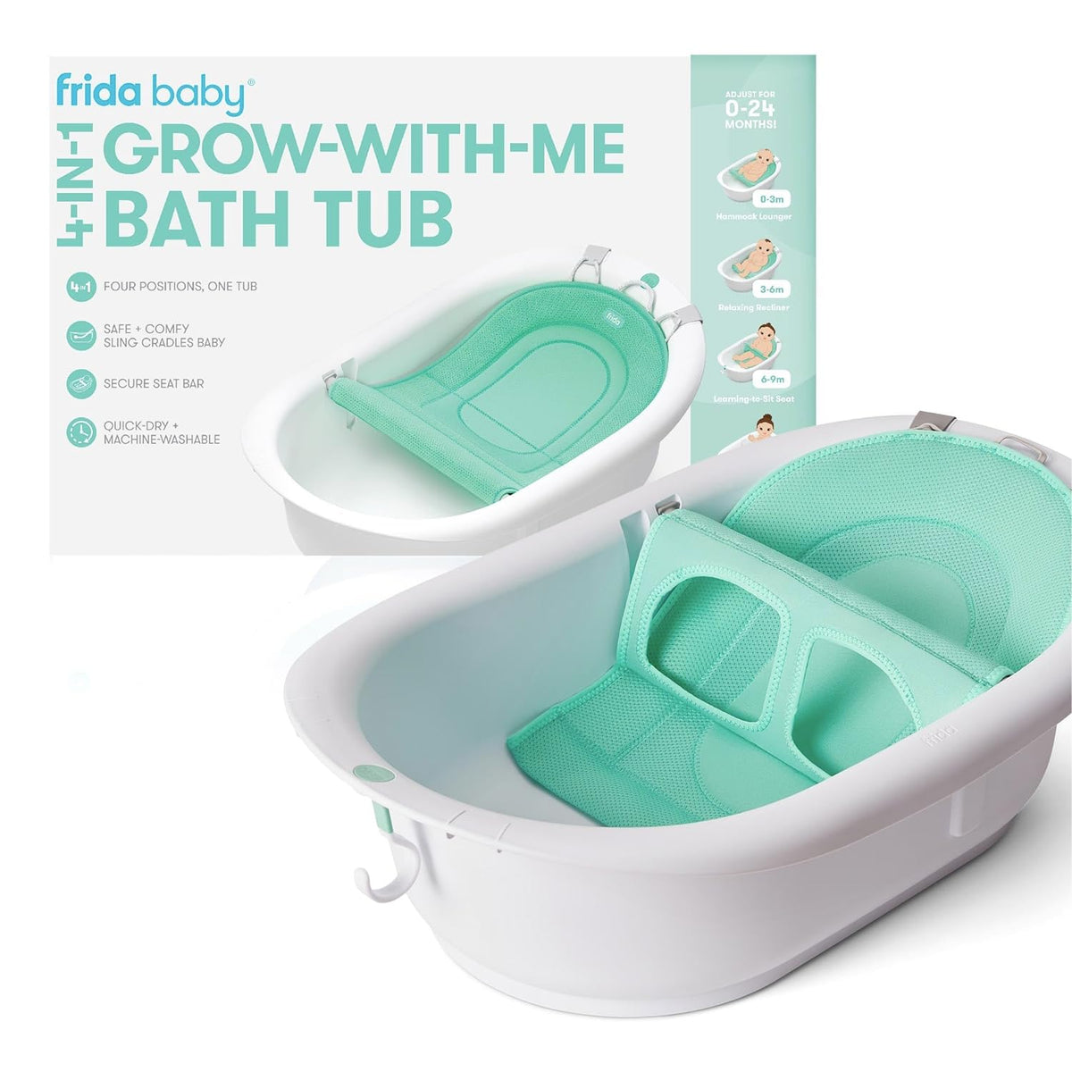 Frida Baby 4-In-1 Grow-With-Me Baby Bathtub, Baby Tub for Newborns to Toddler with Removable Bath Seat & Backrest for Bath Support in Tub