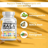 Clean Nutraceuticals Ashwagandha 5000Mg Maca Root 2000Mg Fenugreek 3000Mg Supplement with Tongkat Ali Ginseng - Assists with Stress, Mood & Thyroid - Ashwagandha Capsules Fenugreek Caps - 60 Count