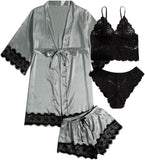 SOLY HUX Women'S Satin Pajama Set 4Pcs Floral Lace Trim Cami Lingerie Sleepwear with Robe