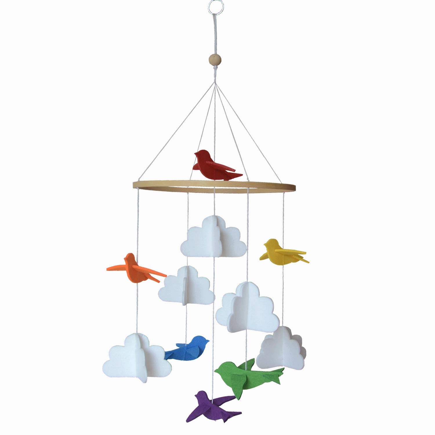 Baby Crib Mobile (Rainbow Birds in the Clouds, W/Garland) - Felt Nursery Ceiling Decoration and Baby Shower for Girls & Boys