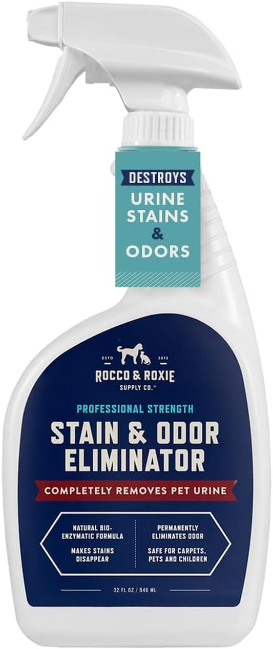 Rocco & Roxie Supply Co. Stain & Odor Eliminator for Strong Odor, 32Oz Enzyme Pet Odor Eliminator for Home, Carpet Stain Remover for Cats & Dog Pee, Enzymatic Cat Urine Destroyer, Carpet Cleaner Spray