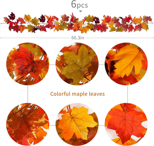 6PCS Fall Maple Leaves Garland, Party Joy 5.6Ft Artificial Maple Leaf Autumn Garland Hanging Fall Vines Table Decorations Front Door Fall Decor Thanksgiving Decorations Decor outside Indoor Decor