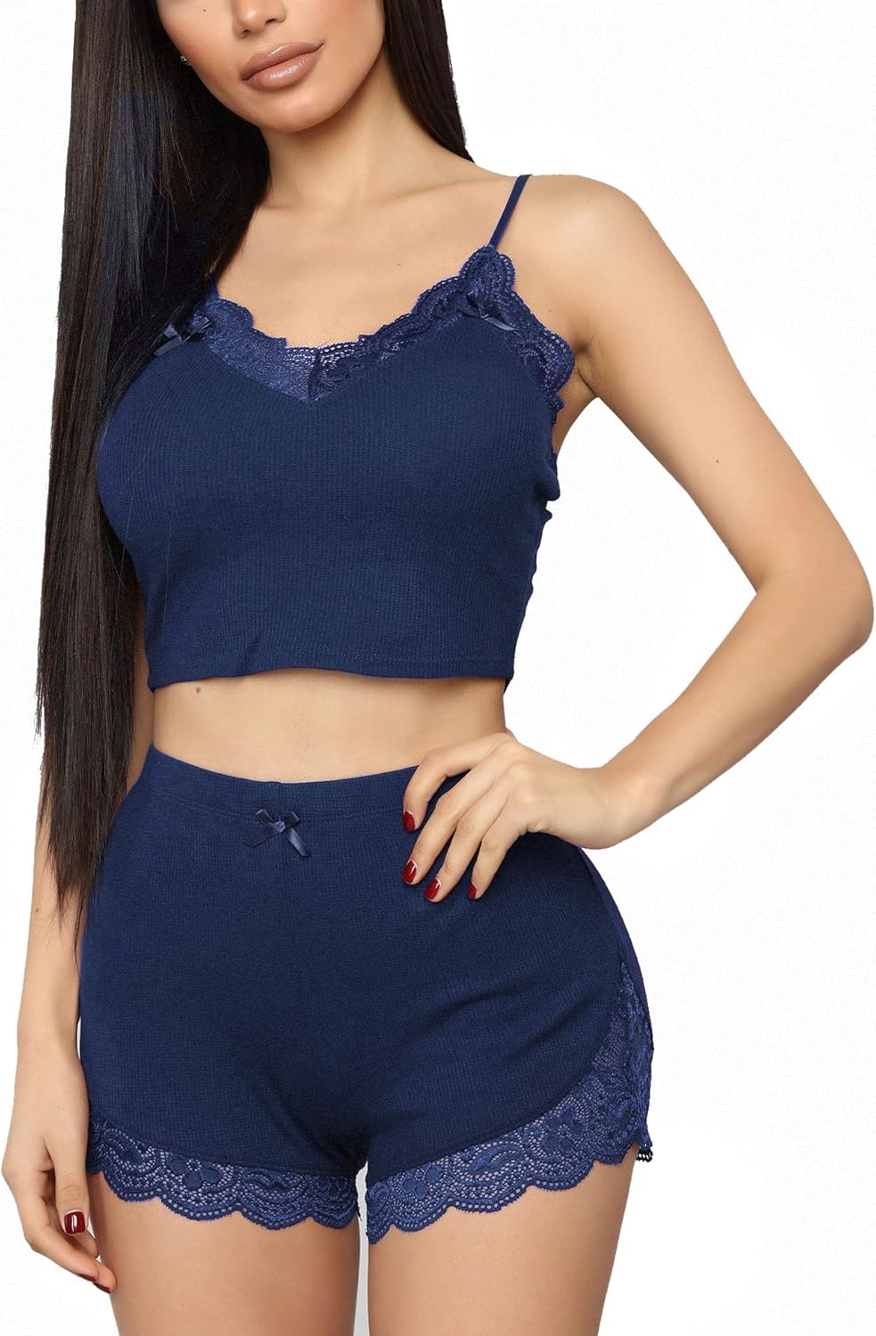 RSLOVE Pajamas Set Women'S V-Neck Sleeveless Sleepwear PJ Set Soft Lace Cami Set with Short Pants Nightwear