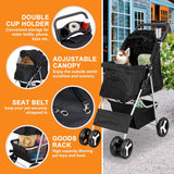 4 Wheels Pet Stroller Dog Cat Stroller for Small Medium Dog Cats Foldable Carrier Jogger Travel Puppy Stroller with Storage Basket and Cup Holder (Black)