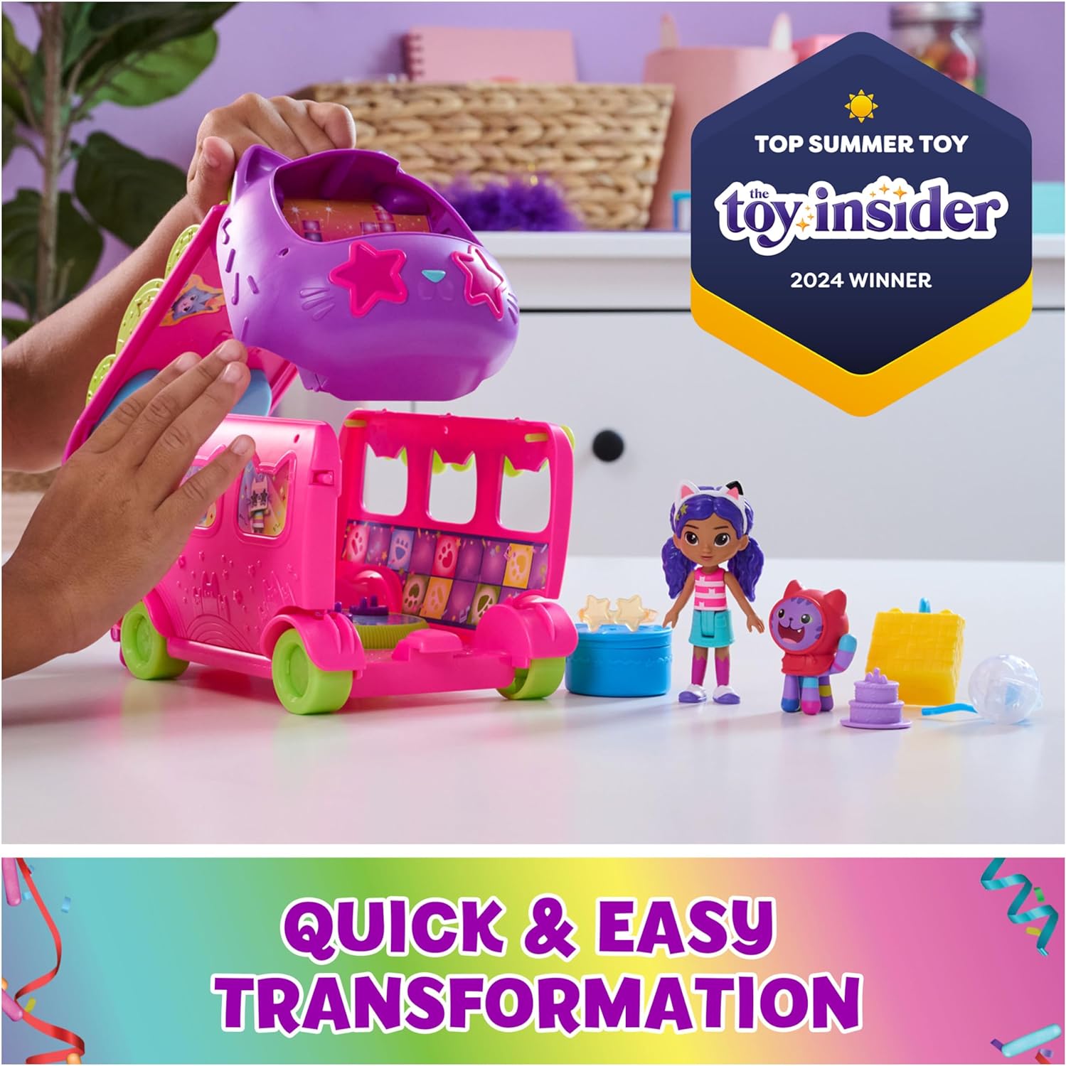 Gabby'S Dollhouse Celebration Party Bus, Transforming Playset with Gabby & DJ Catnip Toy Figures & Dollhouse Accessories, Kids Toys for Ages 3 and Up