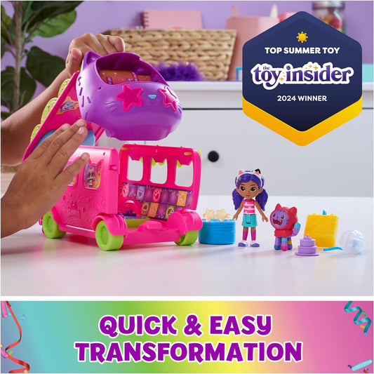 Gabby'S Dollhouse Celebration Party Bus, Transforming Playset with Gabby & DJ Catnip Toy Figures & Dollhouse Accessories, Kids Toys for Ages 3 and Up