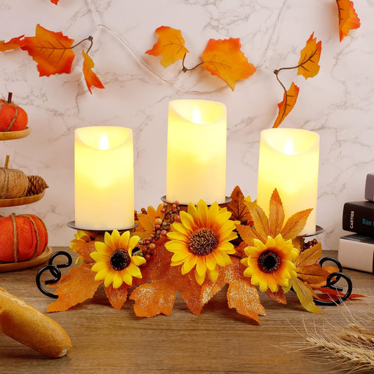 FORUP Harvest Sunflower Candle Holder Centerpiece – Thanksgiving Tabletop Décor with 3 Candle Holders & Maple Leaf Accents – Perfect for Thanksgiving Table, Mantel, or Fall Party Decorations