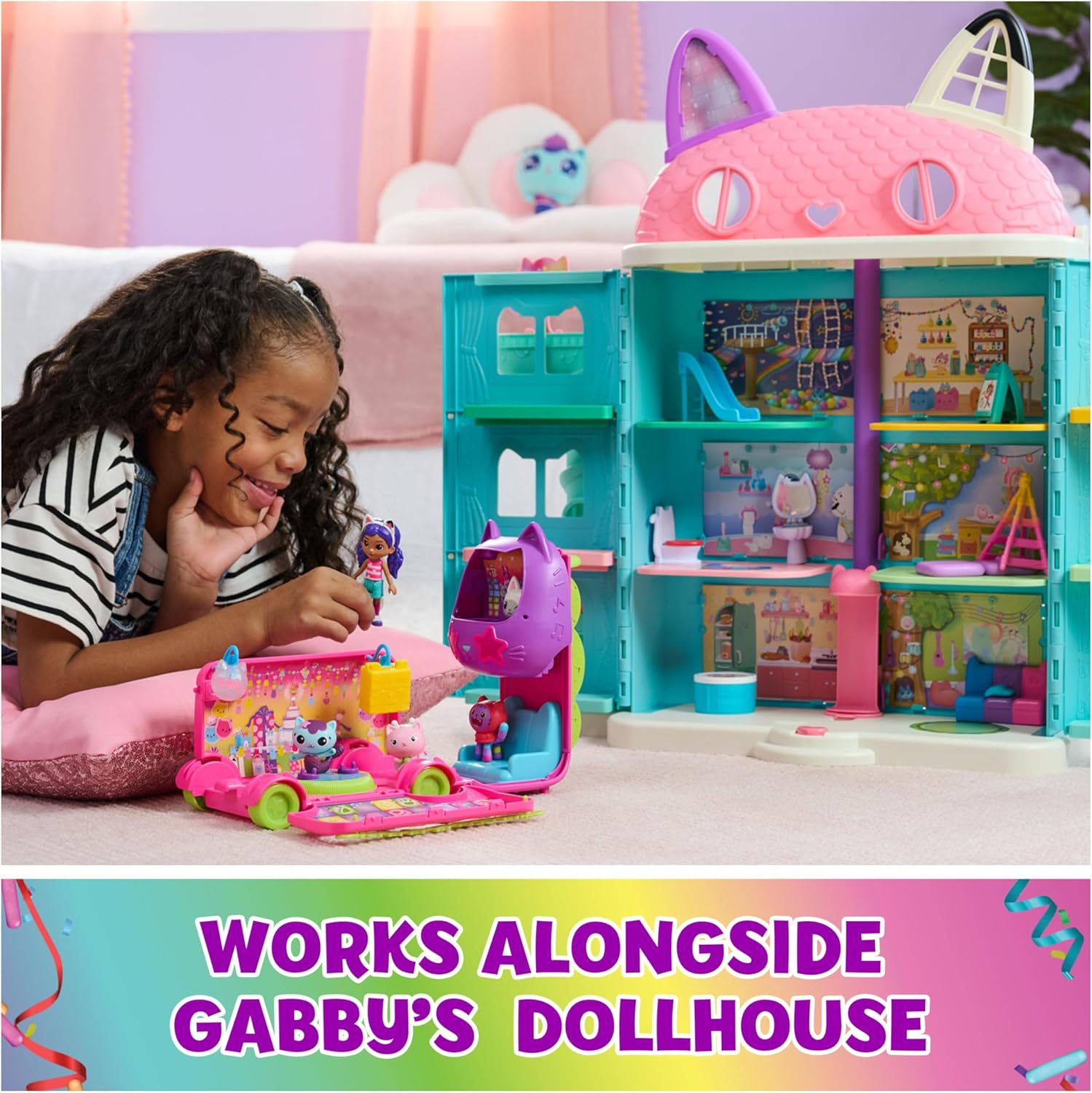 Gabby'S Dollhouse Celebration Party Bus, Transforming Playset with Gabby & DJ Catnip Toy Figures & Dollhouse Accessories, Kids Toys for Ages 3 and Up