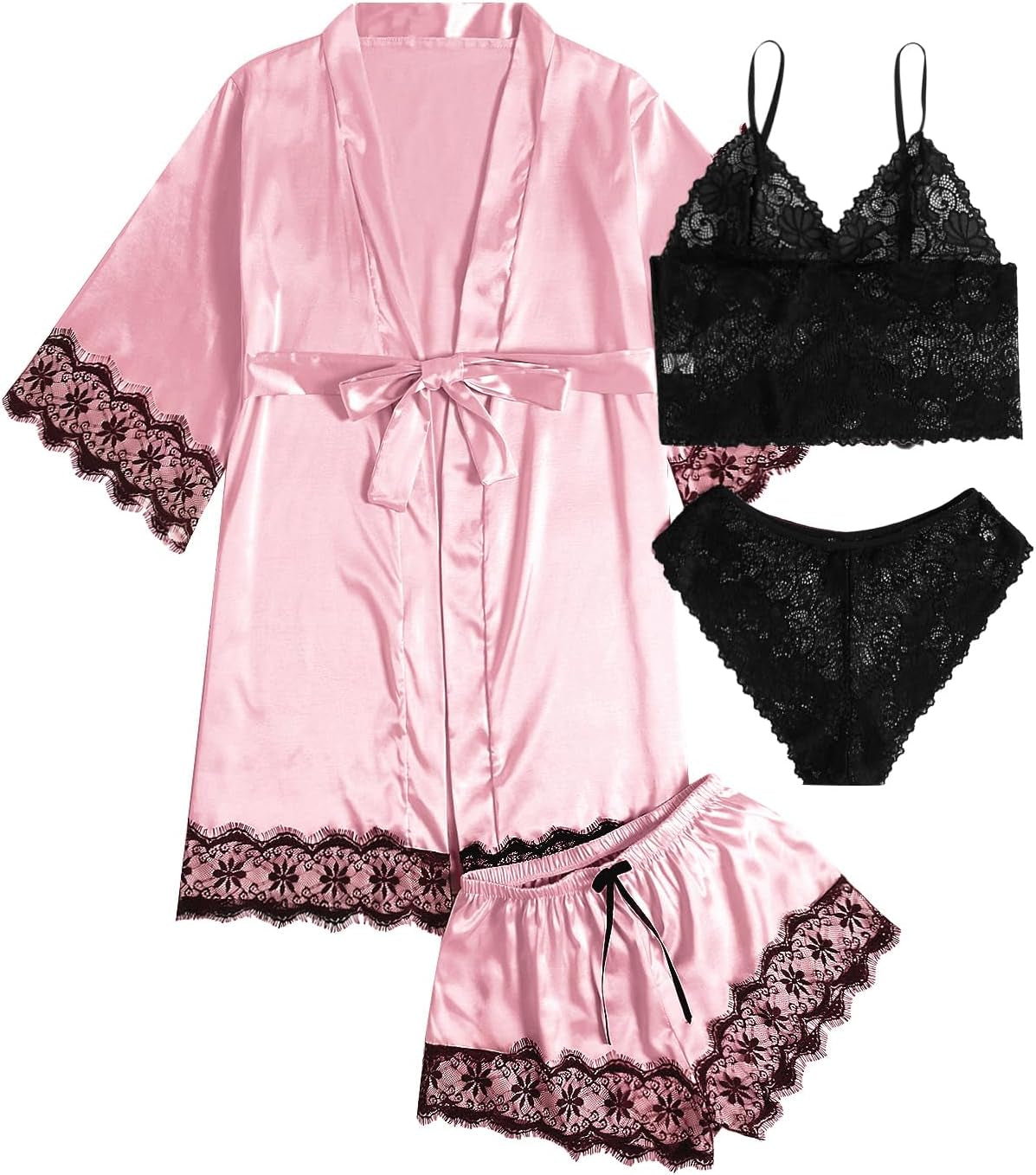 SOLY HUX Women'S Satin Pajama Set 4Pcs Floral Lace Trim Cami Lingerie Sleepwear with Robe