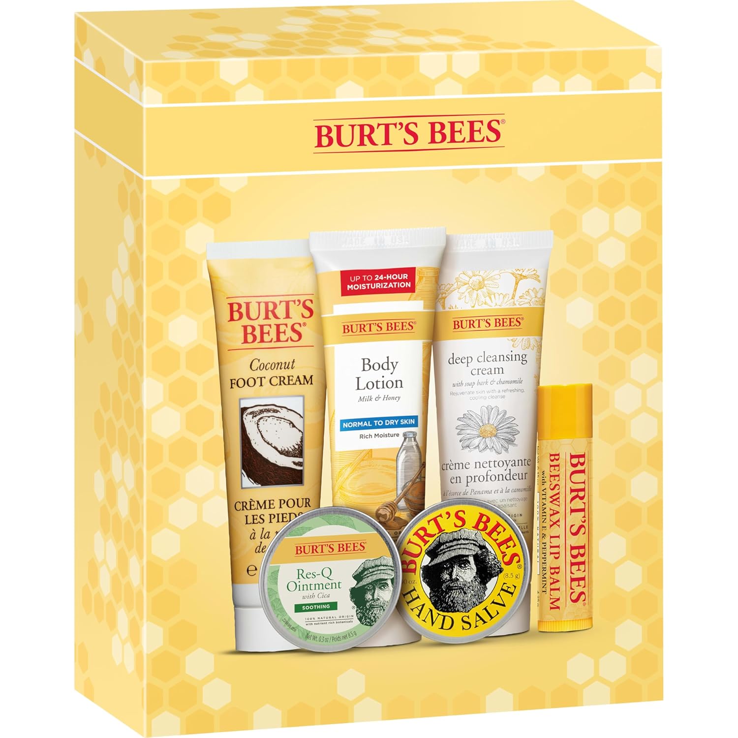 Burt'S Bees Christmas Gifts, 6 Stocking Stuffers Products, Timeless Minis Kit - Original Beeswax Lip Balm, Coconut Foot Cream, Milk Honey Body Lotion, Deep Cleansing Cream, Res-Q Ointment & Hand Salve