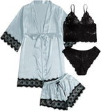 SOLY HUX Women'S Satin Pajama Set 4Pcs Floral Lace Trim Cami Lingerie Sleepwear with Robe