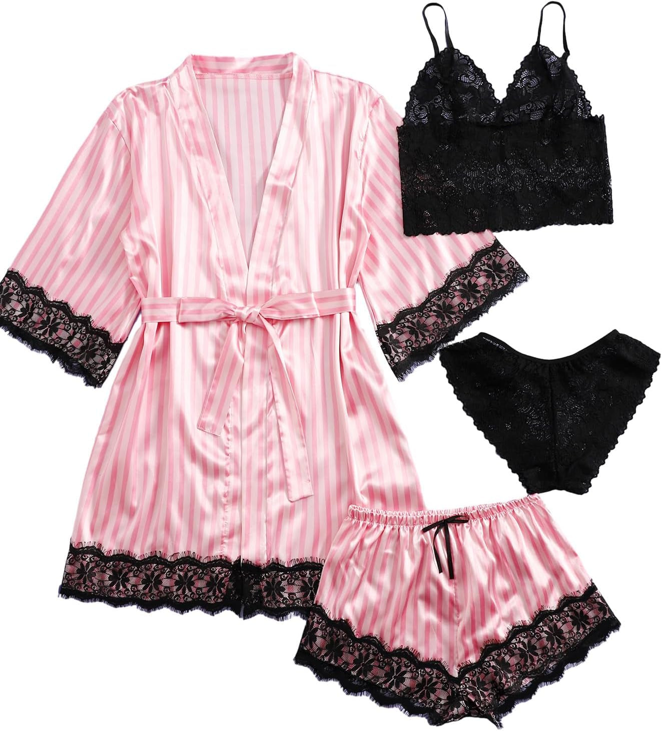 SOLY HUX Women'S Satin Pajama Set 4Pcs Floral Lace Trim Cami Lingerie Sleepwear with Robe