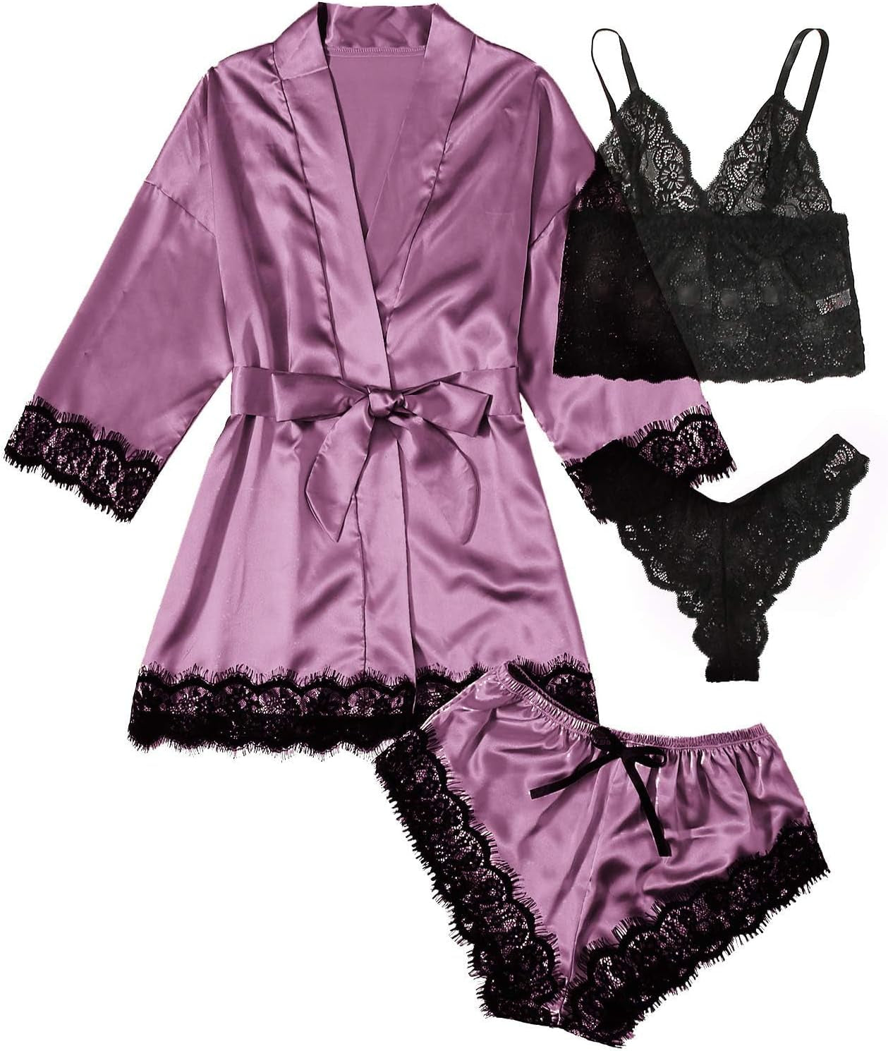 SOLY HUX Women'S Satin Pajama Set 4Pcs Floral Lace Trim Cami Lingerie Sleepwear with Robe